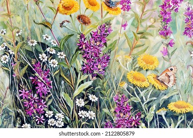 Hand painted watercolor flowers landscape forest beautiful butterfly