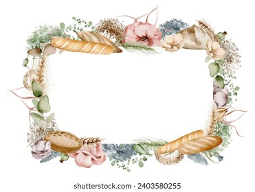 Hand painted watercolor frame in a rustic bread wreath, decorated with delicate wildflowers and ears of wheat. Warm tones with bright shades of flowers. For branding bakery products, food packaging. - Powered by Shutterstock