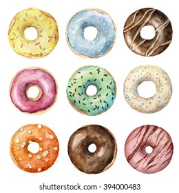 hand painted watercolor glazed donuts set isolated on white. Bright and colorful design of eight donuts. Collection of yummy frosted donuts. 