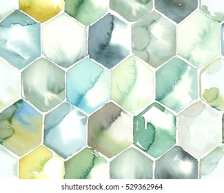 Hand Painted Watercolor Hexagon Honeycomb Allover Seamless Pattern