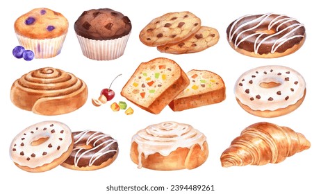 Hand painted watercolor illustration collection of baked pastry items - Powered by Shutterstock