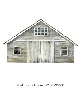 Hand painted watercolor illustration white wooden barn, rustic wedding, farmhouse logo