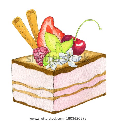 Hand painted watercolor layered cake decorated with berries, flowers and mint leaf, cherry, strawberry, raspberry isolated on the white background 