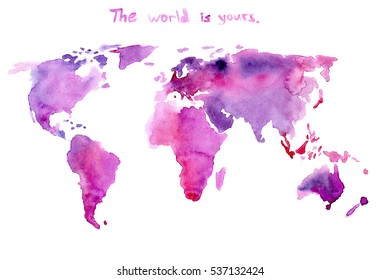 hand painted watercolor map of the world in pink and purple colors, isolated on white