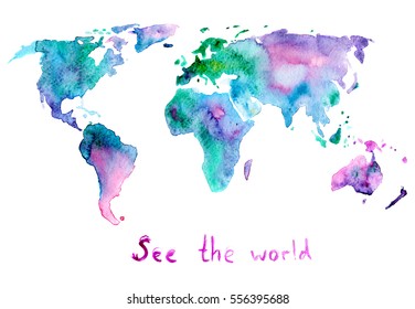 hand painted watercolor map of the world, isolated on white background