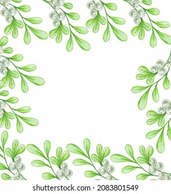 Hand Painted Watercolor Mistletoe Frame.For Christmas Invitation And Greeting Card.