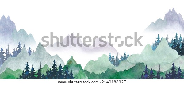 Hand painted\
watercolor montain background template. Pre-made blank banner with\
a foggy landscape of mountains and fir trees in lilac and green\
tones. Hills\
silhouettes