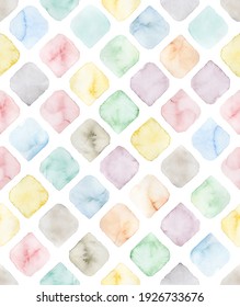Hand painted watercolor multicolored geometrical diamond shaped tile pattern in allover seamless repeat