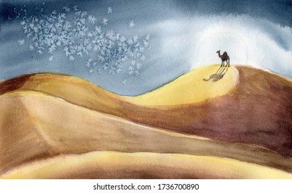 Hand Painted Watercolor Night Desert Landscape With Sand Dunes, Moon, Stars And Camel