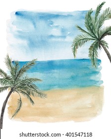 Hand Painted With Watercolor Palm And Tropical Beach Background