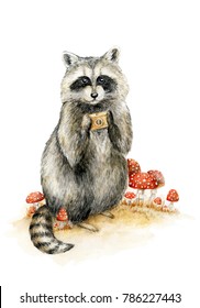 hand painted watercolor raccoon with photo camera isolated on white. Cartoon looking Raccoon Photographer 