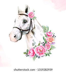 Hand painted watercolor romanitic illustration of white horse with flower wreath isolated on white background.