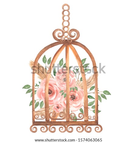 Hand painted watercolor rusty vintage bird cage with dirty pink roses flowers and green leaves branch. Provence style illustration. Weeding card invitation.