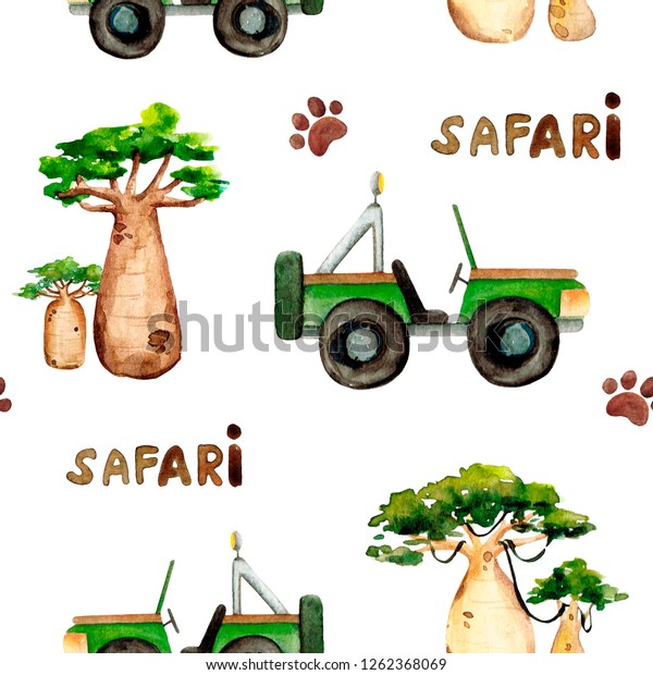 Hand painted watercolor safari\
pattern with car and exotic baobab trees, on white\
background.\
