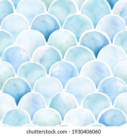 Hand painted watercolor scallop mermaid orient fish scale fractal semicircle leaf tile allover seamless pattern