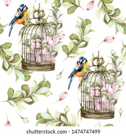 Hand painted watercolor seamless pattern with bird cage with pink flowers-peony,rose, leaves, bird. Provence style