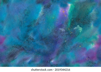 Hand painted watercolor seamless pattern with abstract sky, galaxy and stars. Abstract background with blurry stains, graininess, and paper texture.