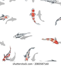 Hand painted watercolor seamless pattern with koi carp isolated on white background. For fabric, textile, wrapping paper, table cloth, napkin, clothes, postcards, wedding design asian style decoration