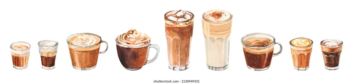 Hand painted watercolor set with coffee drinks for cafe menu. Hand drawn watercolor coffee cups, americano, cappuccino, flat white, espresso, cafe latte isolated on white background - Powered by Shutterstock