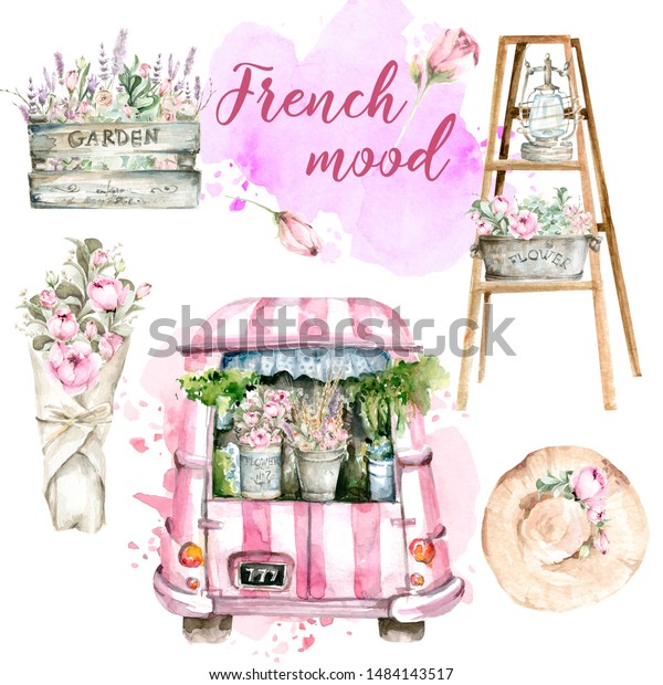 Hand\
painted watercolor set from France - pink car truck with flowers on\
the background of watercolor stain, ladder with lantern and\
flowers, bouquet if peony, wooden box with\
lavander.