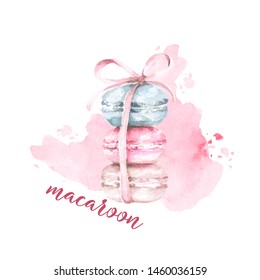 Hand Painted Watercolor Set - Macaroon On The Background Of Pink Watercolor Stain. 