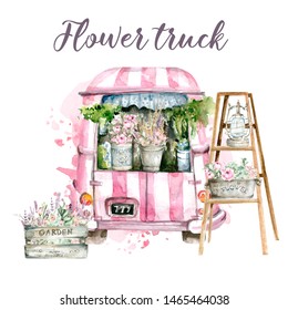 Hand painted watercolor set - pink car truck with flowers on the background of watercolor stain. Provence style