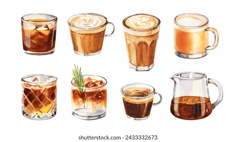 Hand painted watercolor set with specialty coffee drinks for cafe menu. Hand drawn watercolor filter, batch brew, espresso tonic, cappuccino, flat white coffee isolated on white background - Powered by Shutterstock