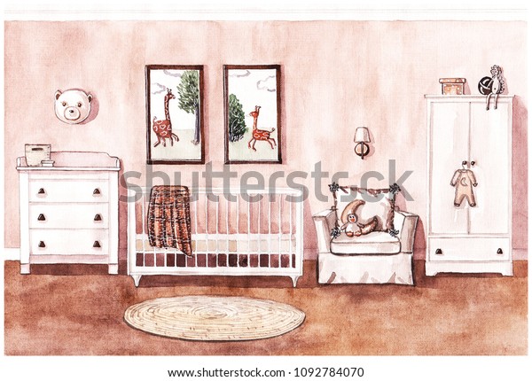 Hand Painted Watercolor Sketch Baby Room Stock Illustration 1092784070