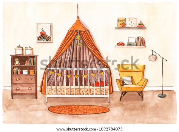 Hand Painted Watercolor Sketch Baby Room Stock Illustration 1092784073