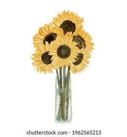 Hand Painted Watercolor Sunflower Arrangement With Vase Water