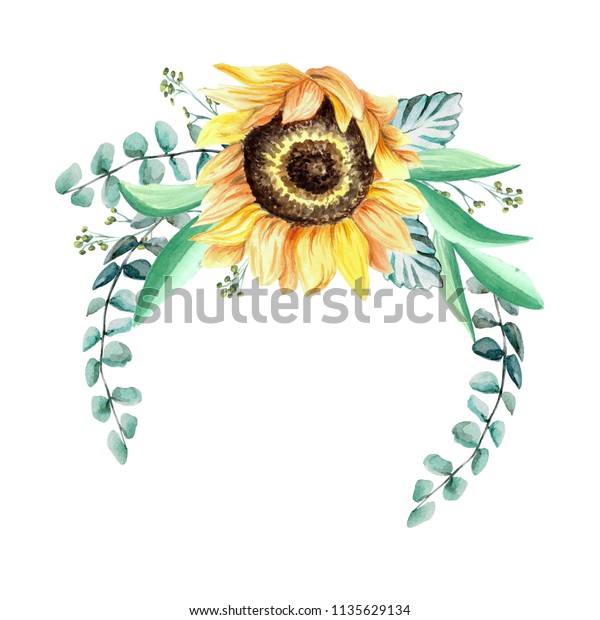 Download Hand Painted Watercolor Sunflower Eucalyptus Wreath Stock Illustration 1135629134