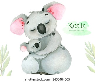 Hand painted watercolor tropical illustration with cartoon koala isolated on white background.