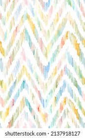 Hand Painted Watercolor Wavy Ikat Chevron Allover Seamless Repeat Pattern In Multicolor