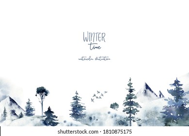 Hand Painted Watercolor Winter Landscape With Pine Trees In The Mountains. Isolated On White Background.