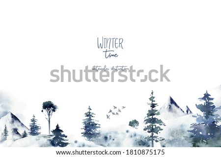 Hand painted watercolor winter landscape with Pine Trees in the Mountains. Isolated on white Background.