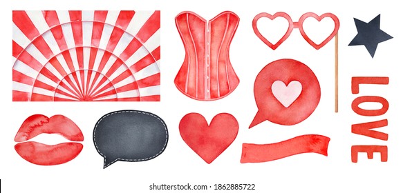 Hand painted watercolour illustration set of various bright elements and accessories of party celebration. Cut out clipart for creative design, banner, pattern, invitation template, girl stickers. - Powered by Shutterstock