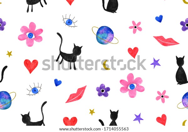 Hand Painting Abstract Watercolor Cats Planets\
Stars Moon Galaxy Space Flowers Eyes Lips and Hearts Doodle\
Repeating Pattern Isolated\
Background