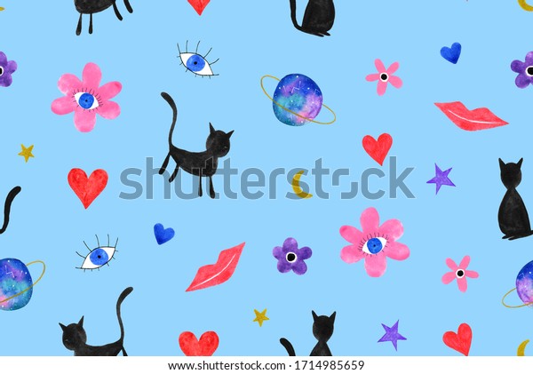 Hand Painting Abstract Watercolor Cats Planets\
Stars Moon Galaxy Space Flowers Eyes Lips and Hearts Doodle\
Repeating Pattern Isolated\
Background