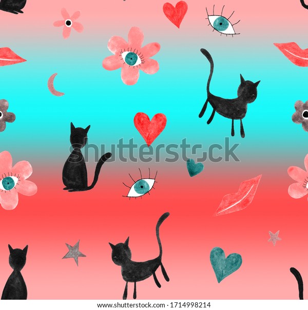 Hand Painting Abstract Watercolor Cats Stars\
Moon Daisy Flowers Eyes Lips and Hearts Doodle Repeating Pattern\
Tie Dye Degrade\
Background