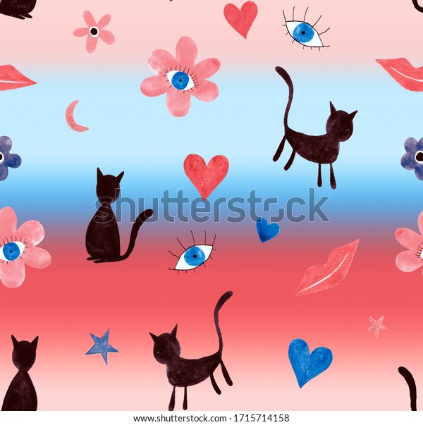Hand Painting Abstract Watercolor Cats Stars\
Moon Daisy Flowers Eyes Lips and Hearts Doodle Repeating Pattern\
Tie Dye Degrade\
Background