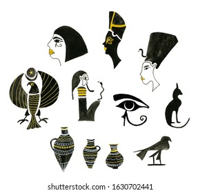 Hand Painting Abstract Watercolor Egyptian Symbols Cleopatra Horus Eye Eagle Cat And Jug Collection Set  Isolated Background