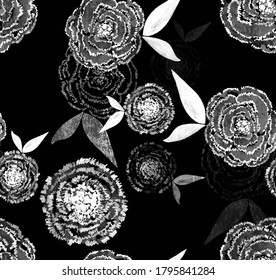 Hand Painting Abstract Watercolor Ethnic Tie Dye Carnation Rose Flowers And Leaves With Shadows Repeating Pattern Isolated Background