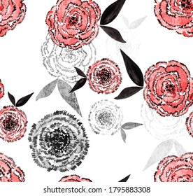 Hand Painting Abstract Watercolor Ethnic Tie Dye Carnation Rose Flowers And Leaves With Shadows Repeating Pattern Isolated Background