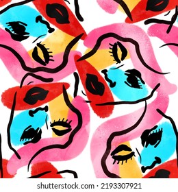 Hand Painting Abstract Watercolor Geometric Pop Art Woman Faces Seamless Pattern Isolated Background