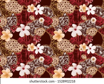 Hand Painting Abstract Watercolor Leopard Zebra and Snake Skin Patchwork Seamless Pattern with Foil Chain Shapes and Real Tropical Hibiscus Flowers Roses 