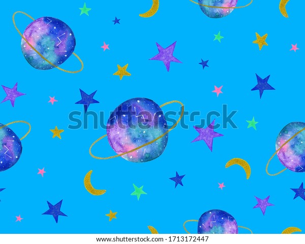 Hand Painting\
Abstract Watercolor Planet Stars Moon Galaxy Space Doodle Repeating\
Pattern Isolated\
Background