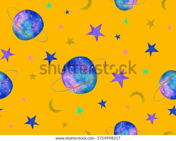 Hand Painting\
Abstract Watercolor Planet Stars Moon Galaxy Space Doodle Repeating\
Pattern Isolated\
Background