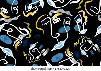 Hand Painting Abstract Watercolor Pop Art Faces and Geometric Shapes Repeating Pattern Isolated Background