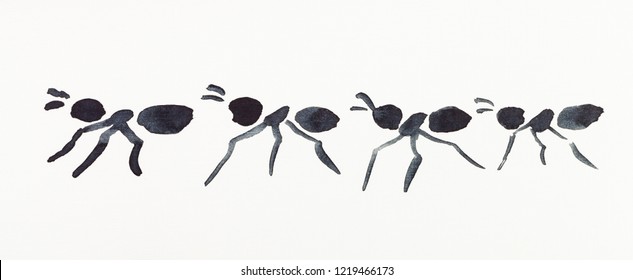 hand painting in sumi-e style on cream paper - several ants drawn by black watercolors