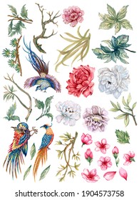 Hand painting watercolor illustrationinspired by phoenix bird asain chinese Korean and Japan kimono Chrysanthemum peonies flower cherry blossom element